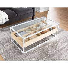 Lumisource Display Coffee Table In White Metal Natural Wood And Clear Glass