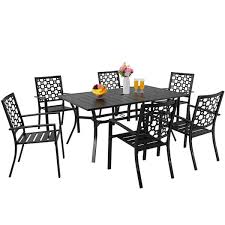 Meooem 7 Piece Outdoor Dining Set W 6 Stackable Metal Patio Chairs 63 In Rectangle Dining Table With 1 57 In Umbrella Hole