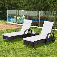 Outsunny 3 Piece Rattan Wicker Adjustable Chaise Lounge Chair With Wheels Set Brown