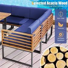 8 Pieces Patio Acacia Wood Dining Table Set With Ottoman Cushions Navy Costway