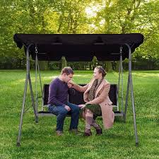 Afoxsos 3 Person Metal Outdoor Patio Swing With Canopy Porch Lawn Swing Chair With Stand All Weather Resistant Swing Bench