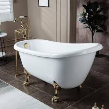 Dover 54 In Heavy Duty Acrylic Slipper Clawfoot Bath Tub In White Faucet Claw Feet Drain Overflow In Polished Gold Hbt7008