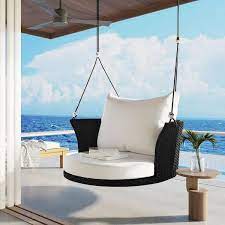 33 8 In W Wicker Single Person Hanging Seat Rattan Woven Swing Chair Porch Swing With Ropes Black Wicker White Cushion