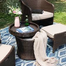 Phi Villa Brown 5 Piece Wicker 2 Seat Steel Outdoor Patio Conversation Set With Beige Cushions Round Rattan Table With Storage