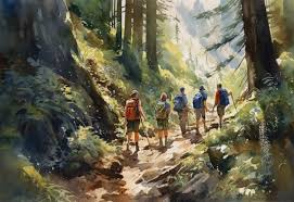 A Painting Of A Group Of People Hiking