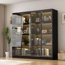 Fufu Gaga 63 In H X 31 5 In W Black Wood 3 Shelf Bookcase Bookshelf With 3 Color Led Lights And Tempered Glass Doors