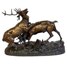 C E Masson Deer Fight 1800s Bronze