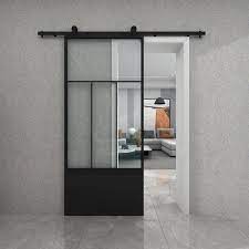 Renin Division Clear Glass Metal Barn Door With Installation Hardware Kit 37 Black