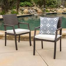 Noble House Alondra Multibrown Stationary Wicker Outdoor Dining Chair With White Cushion 2 Pack