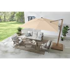10 Ft Aluminum And Steel Cantilever Led Outdoor Patio Umbrella In Sunbrella Antique Beige With Metal Covered Base