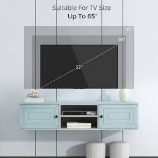 Blue Wall Mounted Floating Tv Stand Fits Tvs Up To 65 In With Adjustable Shelves And Magnetic Cabinet Door