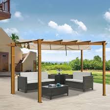 13 Ft X 10 Ft Outdoor Wood Looking Aluminum Pergola With Brown Retractable Shade Canopy For Patio Garden Backyard