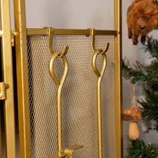 Barton 48 In Fireplace Screen Gold 4 Panel Fire Spark Guard Hinged Doors With Fireplace Tools