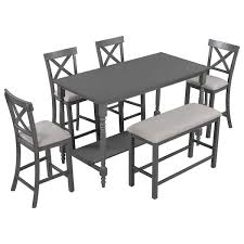 Gray 6 Piece Counter Height Dining Table Set Table With Shelf 4 Chairs And Bench For Dining Room