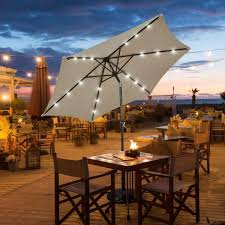 Clihome 9 Ft Iron Market Solar Led Lighted Tilt Patio Outdoor Umbrella In Tan With Crank Lift