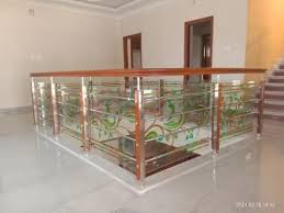 Brown Panel Wooden Glass Railing For Home