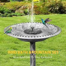 Antique Polyresin Gray Garden Birdbath With Solar Powered Round Fountain