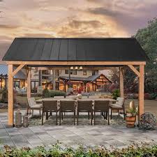 Joyside 15 Ft X 13 Ft Solid Cedar Wood Outdoor Patio Hardtop Gazebo With Black Galvanized Steel Roof And Ceiling Hook