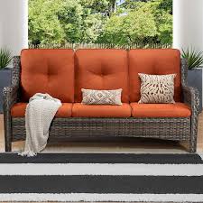 3 Seat Wicker Outdoor Patio Sofa Sectional Couch With Orange Cushions