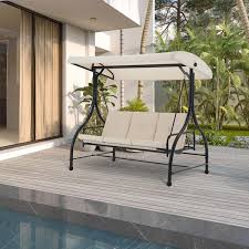3 Person Beige Metal Patio Porch Swing Chair Yard Rocker With Removable Cushion And Convertible Canopy