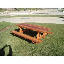 Best Redwood 96 Square Corner Wood Picnic Table With Attached Bench In Natural