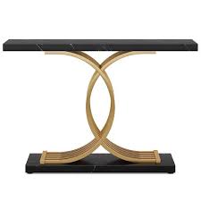 Catalin 40 In Black Rectangle Wood Console Table Modern Sofa Table With Geometric Frame
