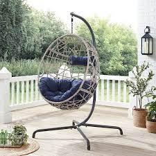 Ulax Furniture Outdoor Wicker Hanging Basket Swing Chair Indoor Egg Chair With Cushion And Stand Upgrade Navy Blue