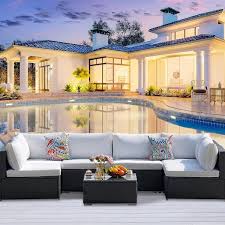 Modern Comfortable 7 Piece Metal Wicker Outdoor Sectional Set With Off White Cushions