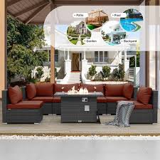 Large 7 Piece Charcoal Wicker Patio Fire Pit Conversation Sectional Deep Seating Sofa Set With Dark Red Cushions