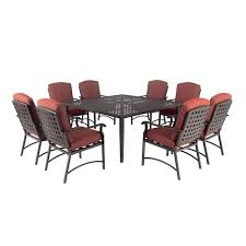 Terra Linda Brown 9 Piece Metal Square Outdoor Dining Set With Red Cushions