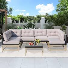7 Piece Rattan Sectional Sofa Set Outdoor Conversation Set All Weather Wicker Sectional Seating Group With Cushions Coffee Table Morden Furniture