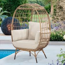 Joyside Patio Yellow Wicker Indoor Outdoor Egg Lounge Chair With Beige Cushions