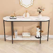 42 13 In White And Black Oval Marble Grain Mdf Console Table With Shelf