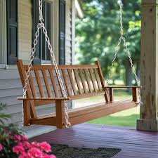 5 Ft Outdoor Wooden Patio Porch Swing With Chains And Curved Bench In