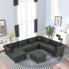 Chesterfield Sectional Sofa With Ottoman And 6 Pillows U Shape Linen Fabric Sofa With Chaise And Rubberwood Legs For Living Room Grey