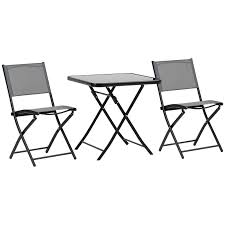 Outsunny 3 Piece Garden Bistro Set Outdoor Folding Dining Set With Glass Table Top 2 Folding Chairs Steel Frame And Mesh Fabric Grey