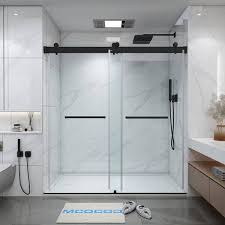54 In W X 76 In H Double Sliding Frameless Shower Door In Matte Black With Soft Closing And 3 8 In 10 Mm Clear Glass