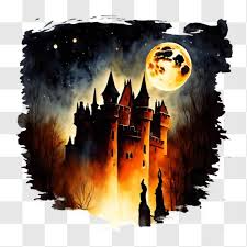 Old Castle Painting With Full Moon