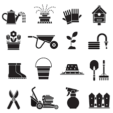 Spring Gardening Icon Set With Lawn And