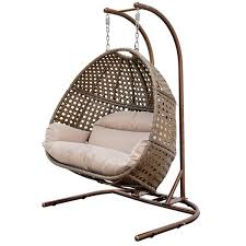 Brown Wicker Round Shaped Patio Swing Outdoor Patio Egg Lounge Chair Swing 2 Person With Beige Cushion