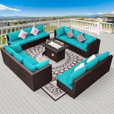 Luxury 13 Piece Patio Espresso Rattan Outdoor Sofa Set With Turquoise Cushions And 55 000 Btu Fire Pit Table