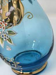 Antique Blue Glass Vases Hand Painted