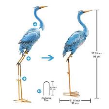 38 In Large Standing Blue Metal Crane Statue Heron Garden Animal Sculpture For Indoor Outdoor Bird Art Decor