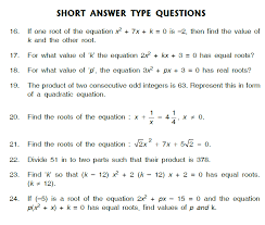 Quadratic Equations Class X Worksheet