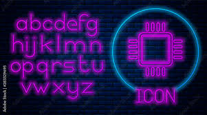 Glowing Neon Computer Processor With