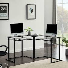 Working L Shaped Glass Desk With Shelf