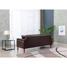 Modern 77 95 In W Square Arms Pu Leather Straight Sofa Bed Couch Of 3 Seaters And 2 Throw Pillows Tufted Back In Brown