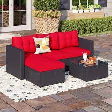 Black Rattan Wicker 3 Seat 3 Piece Steel Outdoor Patio Sectional Set With Red Cushions And Coffee Table
