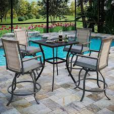 5 Piece Metal Square Outdoor Bistro Patio Bar Set With Slat Bar Table And Rattan Bistro Chairs With Gray Cushion