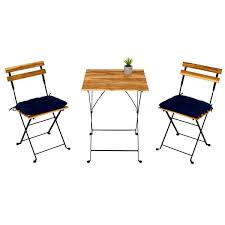 Jushua 3 Piece Teak Wood Outdoor Bistro Set Folding Square Table And Chairs With Waterproof Navy Cushion